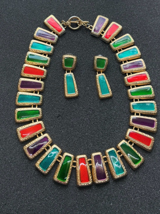 Vintage Jewelry - Vintage Gold-Tone Multicolor Enamel Link Necklace And Earrings Set